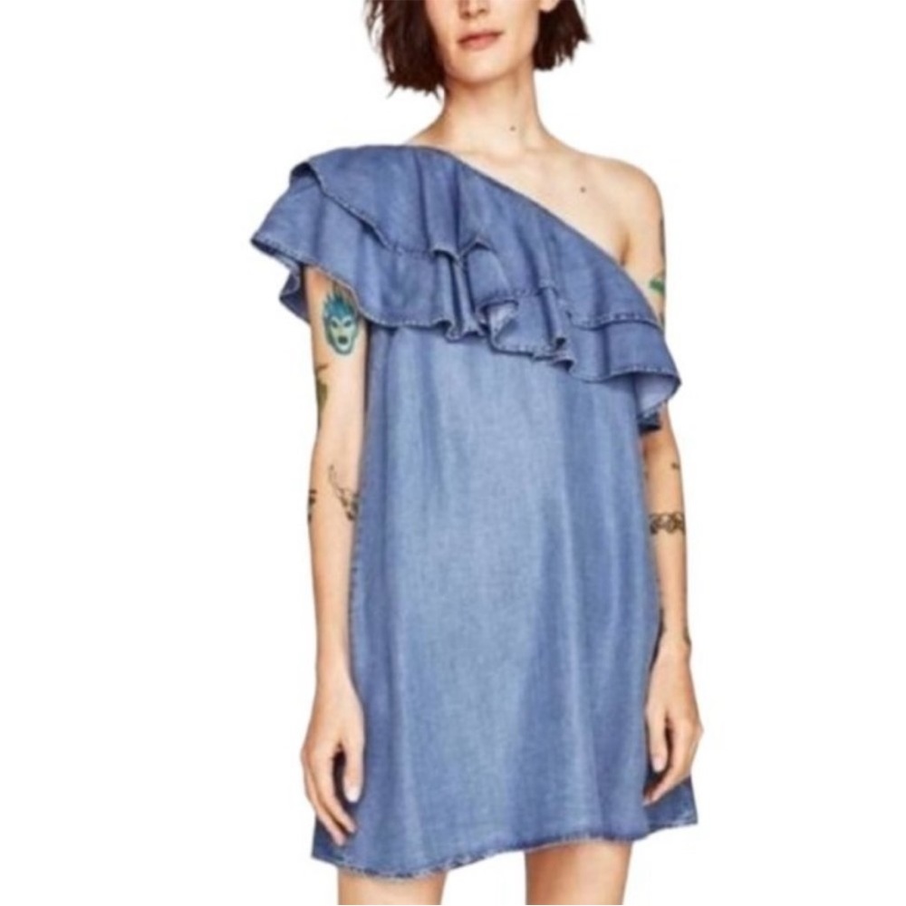 Zara Denim Chambray One Shoulder Ruffled Mini Dress